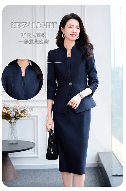 Office Suit Women Collarless Blazer + Vest Dress Set Executive Lady Workwear Elegant 2 Piece Set Long Sleeve Pink Suit Jacket