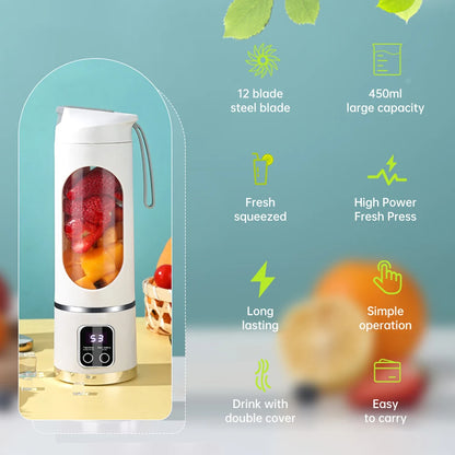 Portable Electric Juice Blender Cup 450ML 12-Blade Powerful Motor Juicing Cup Household Travel Rechargeable Juice Bottle