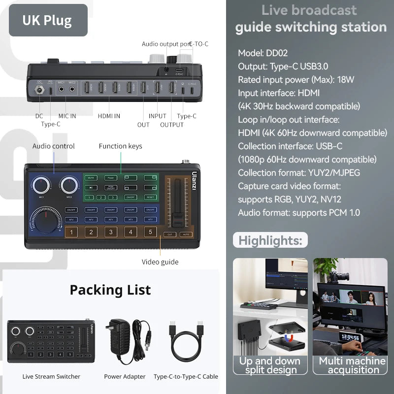 Ulanzi DD02 For Live Streaming Tool Video Mixer Video Switcher 4 CH HDMI Streaming 4K HD Screen For YUY2 MJPEG Capture Format