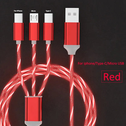 3 in 1 Glowing LED Light 3A Fast Charging Micro USB Type C Cable For iPhone Samsung Xiaomi Redmi Phone Charger USB Cable