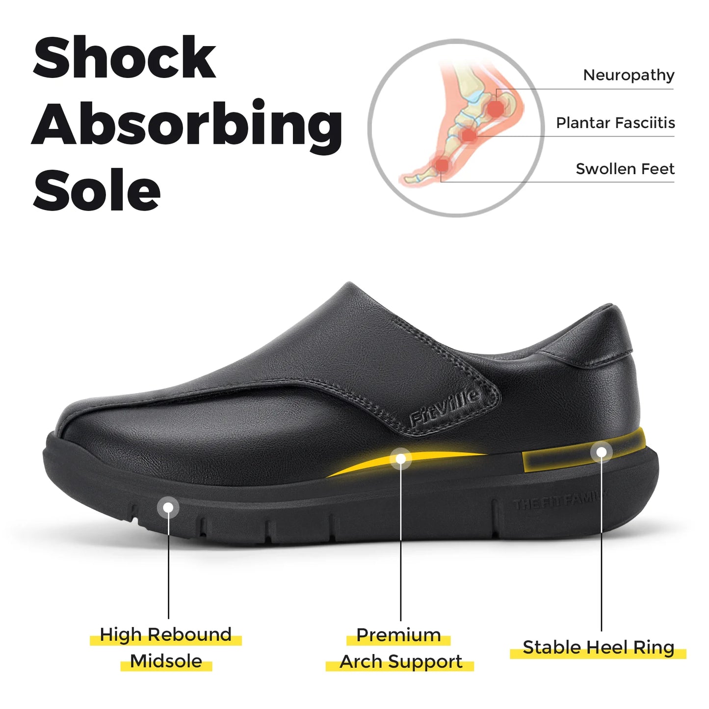 FitVille Men's Leather Shoes Diabetic Shoes Casual Oxford Shoes Adjustable Lightweight Formal Business Shoes for Swollen Feet