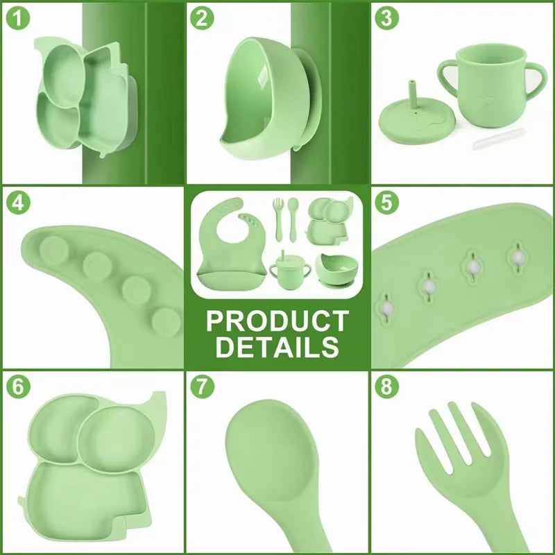 Silicone Baby Feeding Set Soft Silicone Sucker Plate Bowl Elephant Plate Personalized Name Feeding Bib Apron Children's Dishes