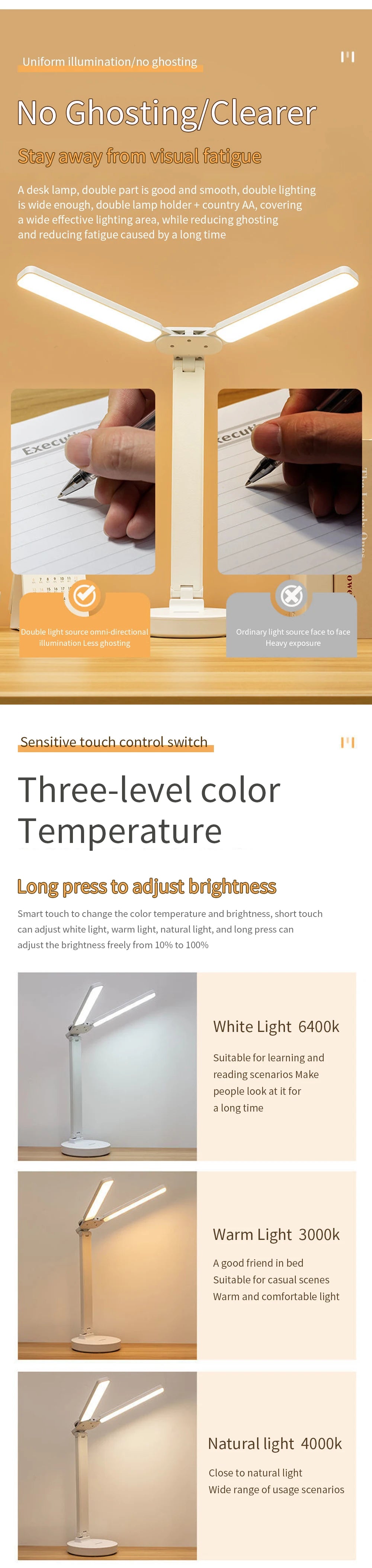 LED Desk Lamp 3 Levels Dimmable Touch Night Light USB Rechargeable Eye Protection Foldable Table Lamp For Bedroom Bedside Readin