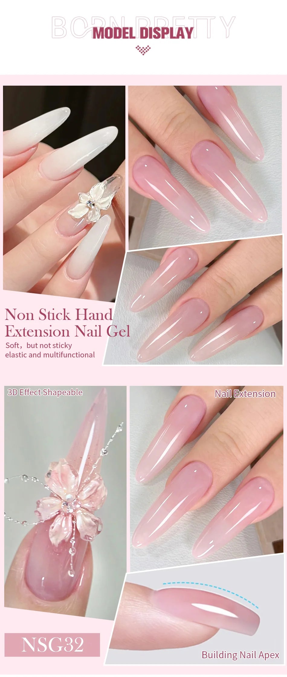 BORN PRETTY 15ml Clear Non Stick Hand Extension Gel Nail Polish for 3D Shaping Nail Art Solid Milky Jelly Hard Gel for Fake Nail