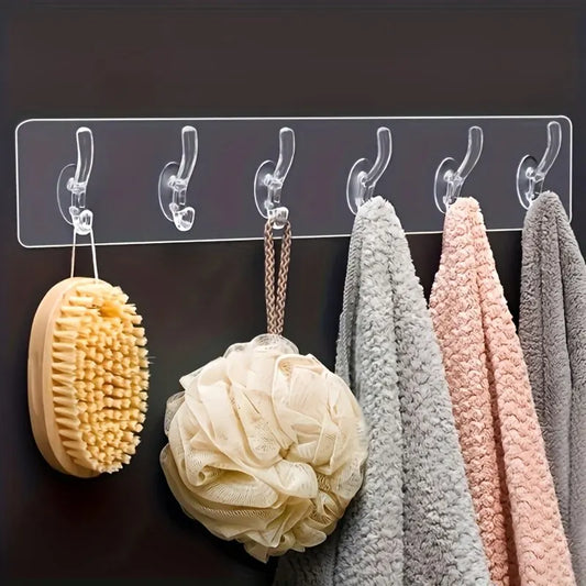 Transparent 6 Row Hooks No Trace Strong Hooks Sticky Rear Row Hooks for Hanging Towels Clothes and Coats Bathroom Accessories