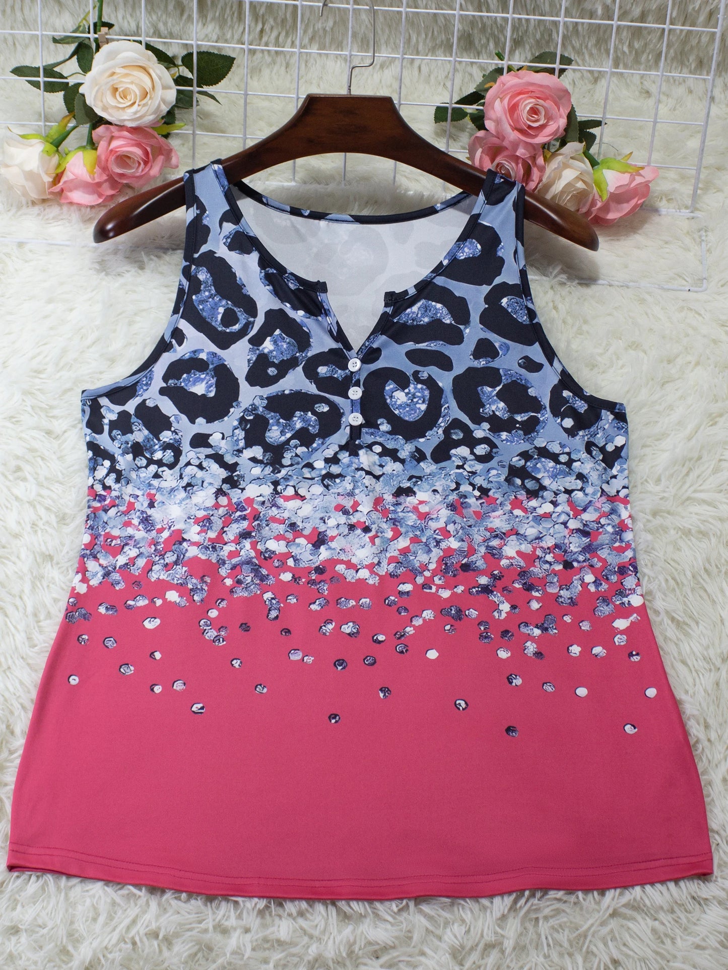Plus Size Leopard Print V-Neck Tank Top with Button Detail - Casual Chic Summer Women's Vest, Comfy Stretch Fashion Apparel