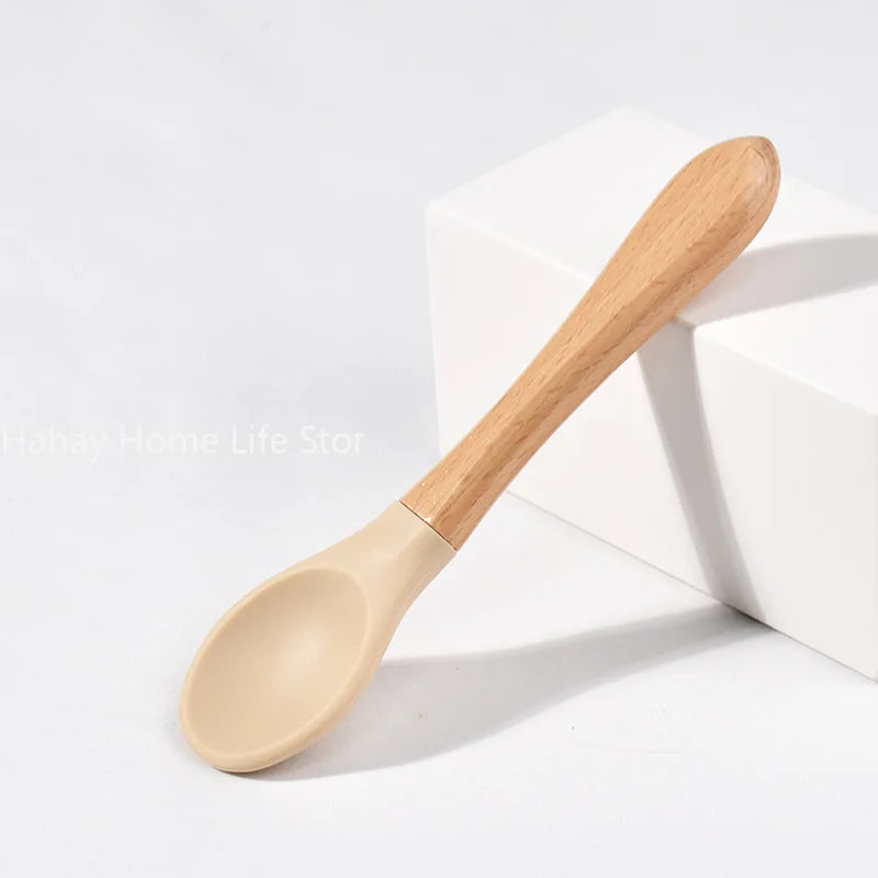 Baby Silicone Feeding Set with Wooden Handle Soft Training Spoon and Fork for Kids