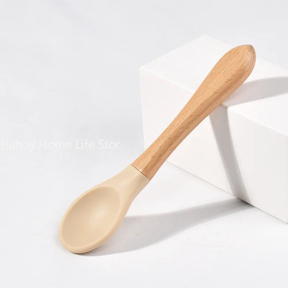 Baby Silicone Feeding Set with Wooden Handle Soft Training Spoon and Fork for Kids
