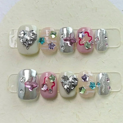 10Pcs Black Handmade Press on Nails Full Cover Stars Design Gold Foil Shiny Short Round False Nails Wearable Manicure Nail Tips