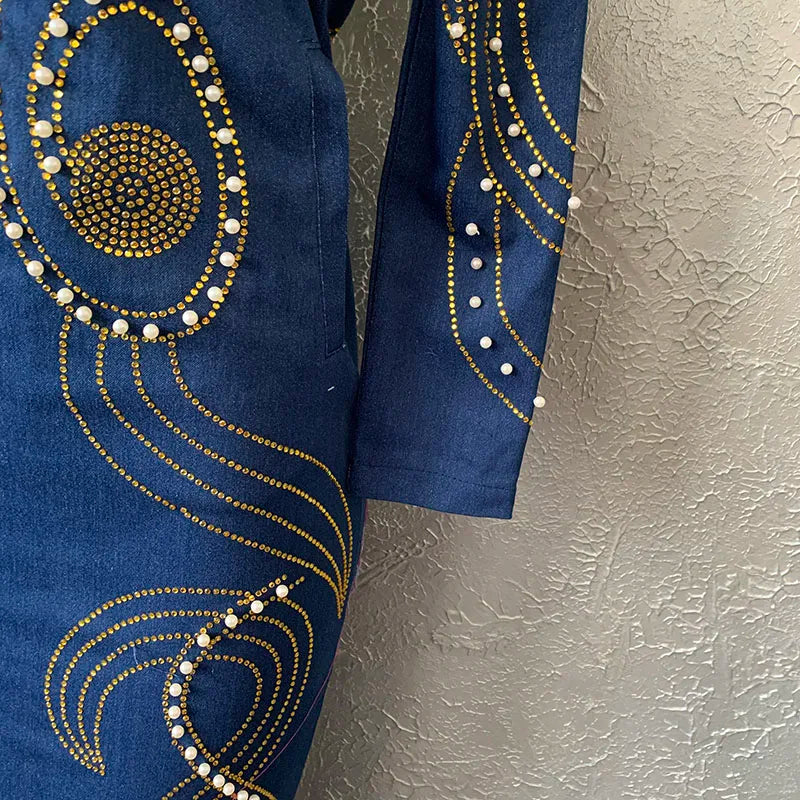 HOUSEOFSD High Quality Long Sleeve Jeans Dress African Women Fashion Zipper Beading Denim Maxi Dresses