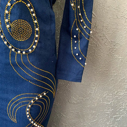 HOUSEOFSD High Quality Long Sleeve Jeans Dress African Women Fashion Zipper Beading Denim Maxi Dresses