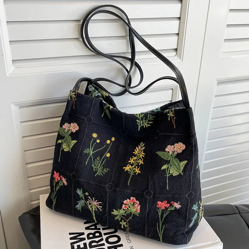 Street Trend Embroidered Totes Bags for Women Large Capacity Canvas Handbag Shoulder Bag Female Commuting Bucket Bag