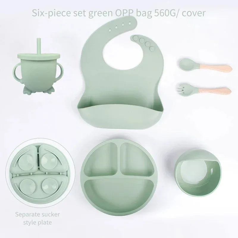 6Pcs Baby Silicone Feeding Set Self Feeding Bowl＆Divided Plate＆Adjustable Bib＆Soft Spoon&Fork, for Babies and Toddlers