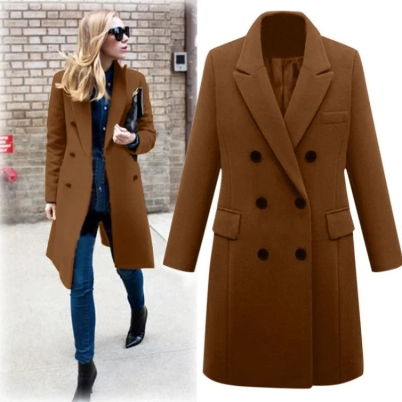 Officewear Casual Women Jackets Fashion Ladies Wool Loose Outwear Elegant Lapel Solid Double-breasted Coats For Autumn Winter