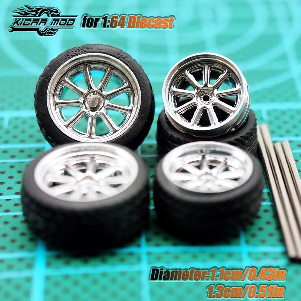 Kicarmod 1/64 Model Car ABS Wheels with Rubber Tire Metal Rims Front Small Rear Large Refitting Parts For Model Car Hot Wheels