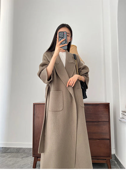 Office Lady Woolen Jackets 2024 Autumn And Winter Bathrobe Style Pocket Double-Sided Loose Lace -Up Tie Women's Long Wool Coats