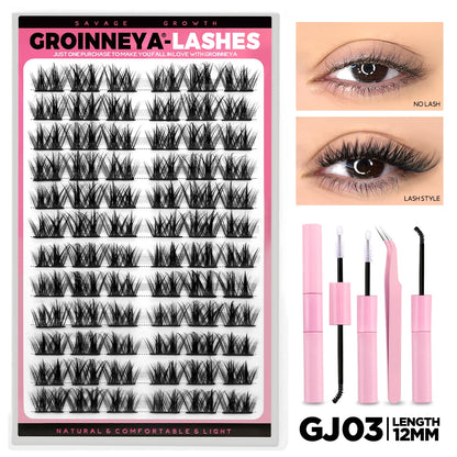 GROINNEYA Lash Clusters Kit DIY Lash Extension Volume Waterproof Individual Lashes Clusters Kit Lash Bond & Seal & Lash Tweezers