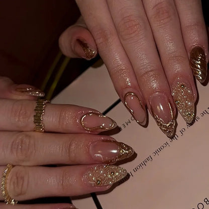 24pcs Golden Almond Press on Nails Simple False Nails Wearable Stick-on Nail Fake Nails Uñas Postizas Mujer Накладные Ногти 네일팁