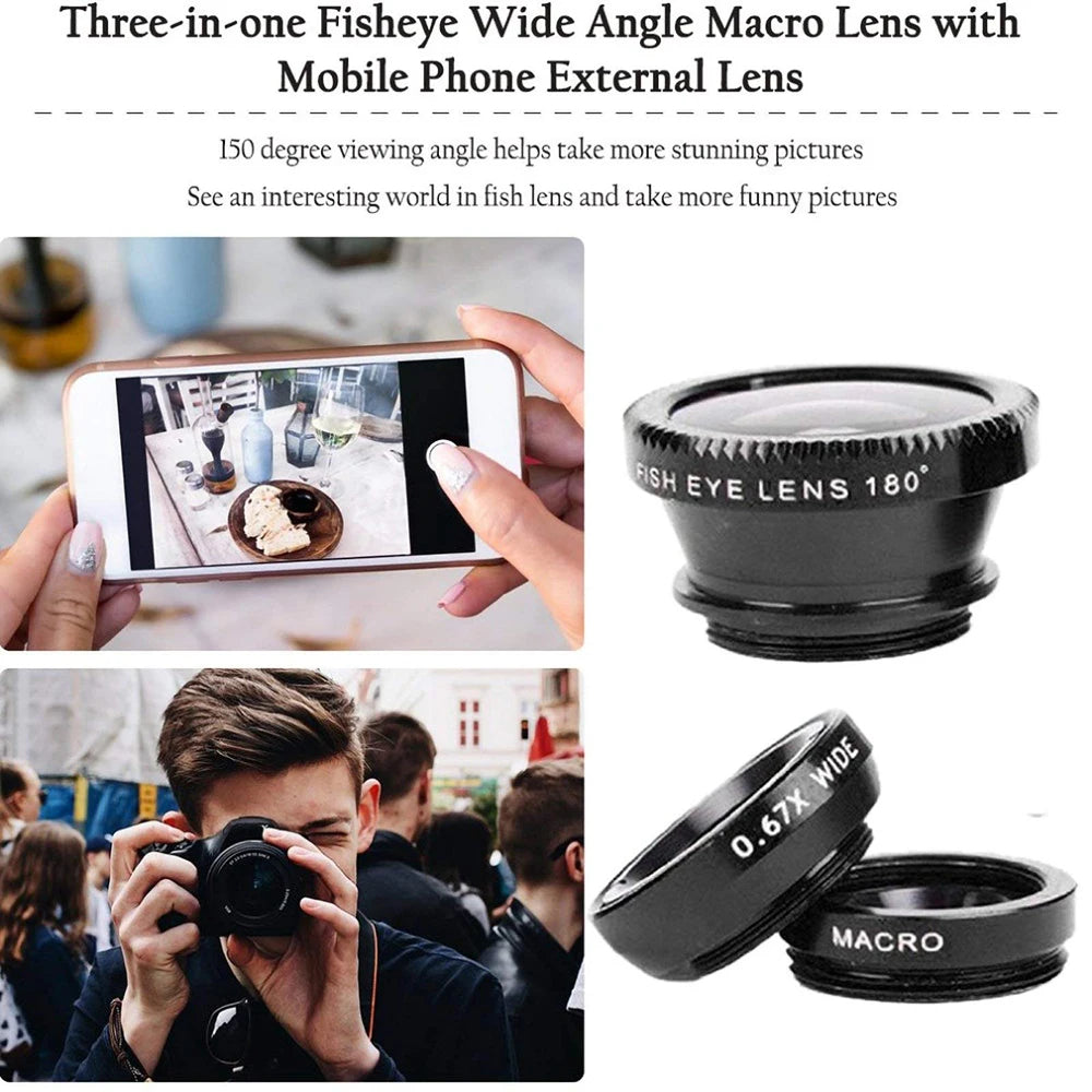 For All Smart Phone 3 in 1 Fisheye Phone Lens Wide Angle Zoom Lens Fish Eye Macro Lenses Camera Kits With Clip Lens On The Phone