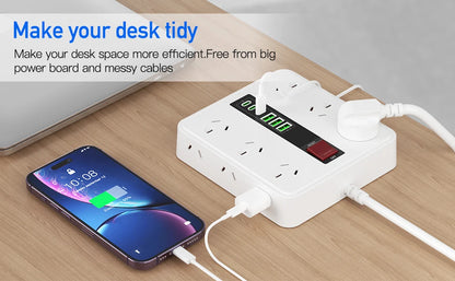 Australian plug power board 6/12 power sockets 6 USB (3A+3C) smart charging overload protection switch 1.8M extension cable