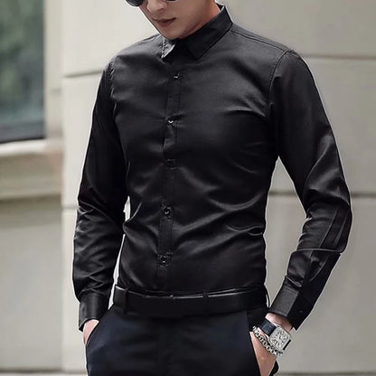 New Men\'s Long Sleeve Drill Button Shirts Tight Business Formal Social Wrinkle Lapel Casual Solid Simple Fashion Male T-shirts