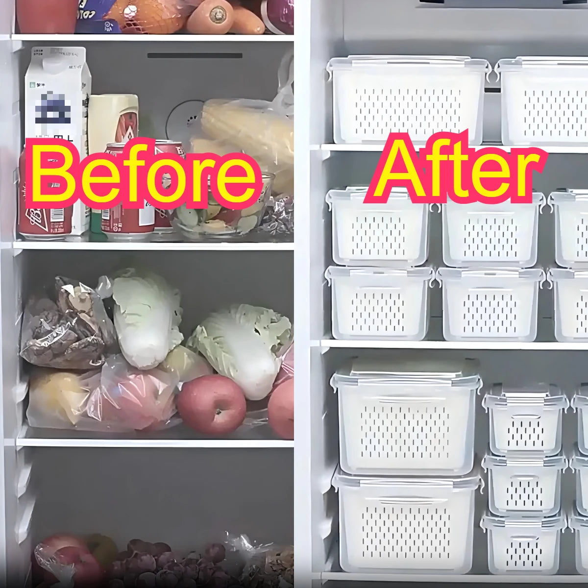 1- 3Pcs Refrigerator Organizer Boxes Fresh Fruit & Vegetable Keep - Fresh Containers with Draining Baskets Kitchen Storage Box