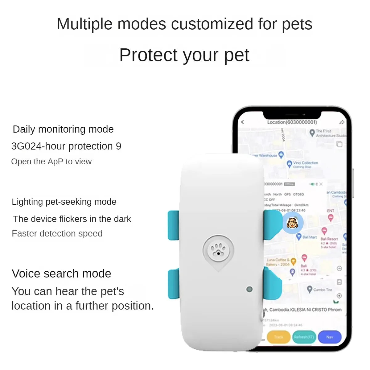 Pet GPS Tracking Locator, 4G, Global Cat and Dog, Remote Viewing App