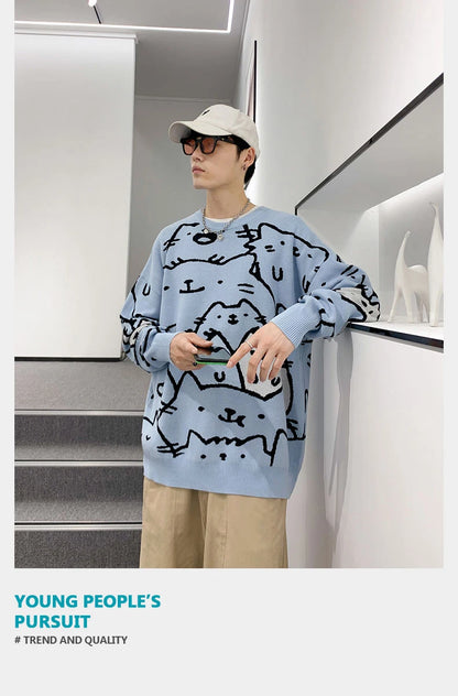 Autumn Cotton Anime Sweaters Men Retro Harajuku Vintage Oversized Sweaters Loose Cute Cartoon Cat Pullovers Homme Men Clothing