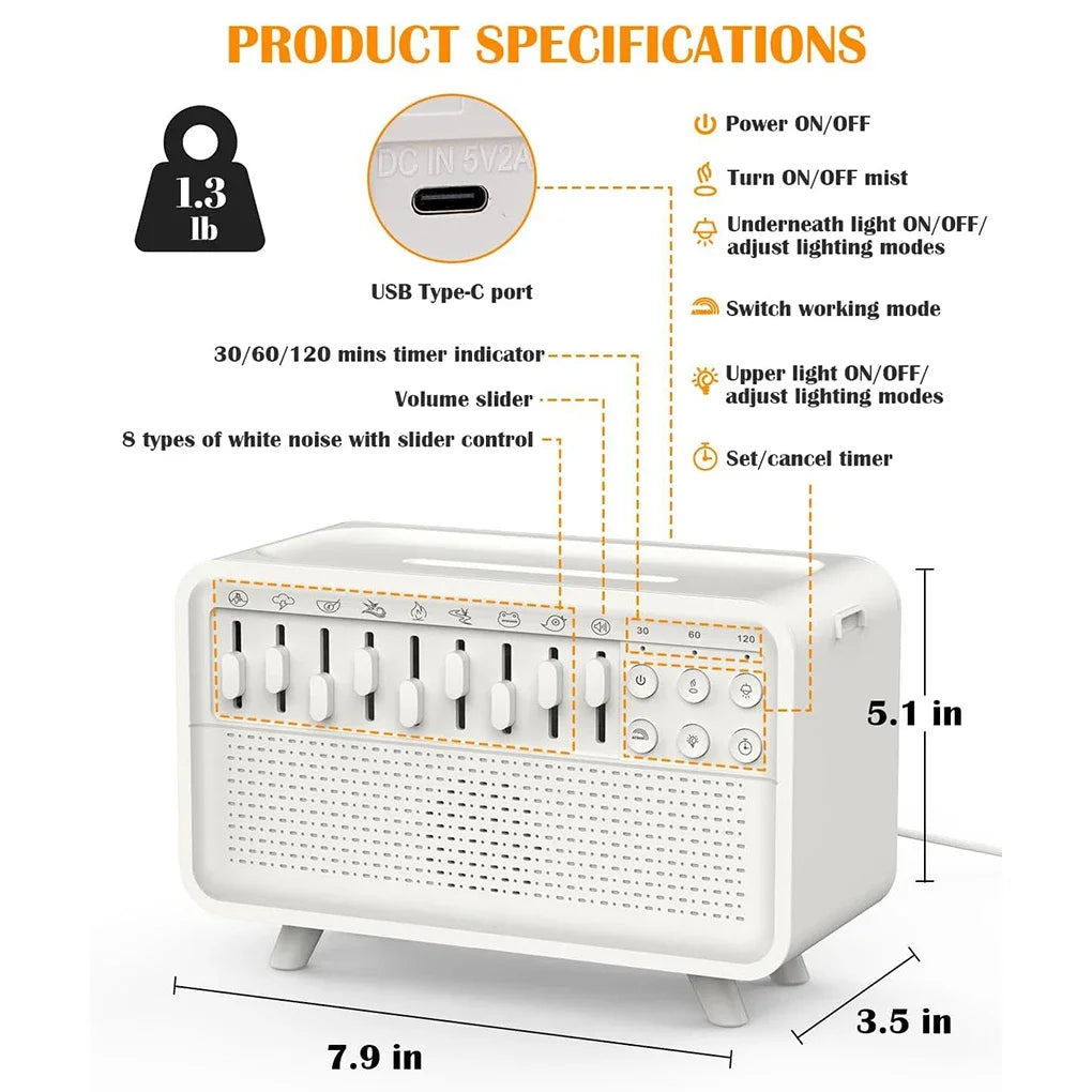 White Noise Sleep Sound Machine Flame Air Diffuser Humidifier with BT Speaker and Night Light Essential Oil Diffuser for Bedroom