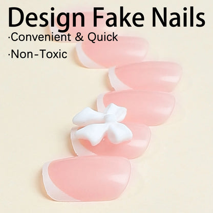 White French Short Press on Nails 3D Bowknot Designs Nude Color Fake Nails Artificial False Nails Tips for Woman DIY Manicure