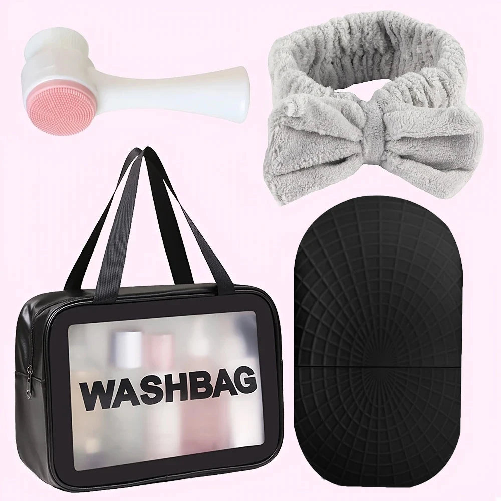 4-Piece Skin Care Gift Set: Ice Roller, Coral Fleece Headband, Makeup Bag and Cleansing Brush - Beauty Tools, Headband
