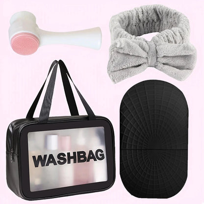4-Piece Skin Care Gift Set: Ice Roller, Coral Fleece Headband, Makeup Bag and Cleansing Brush - Beauty Tools, Headband