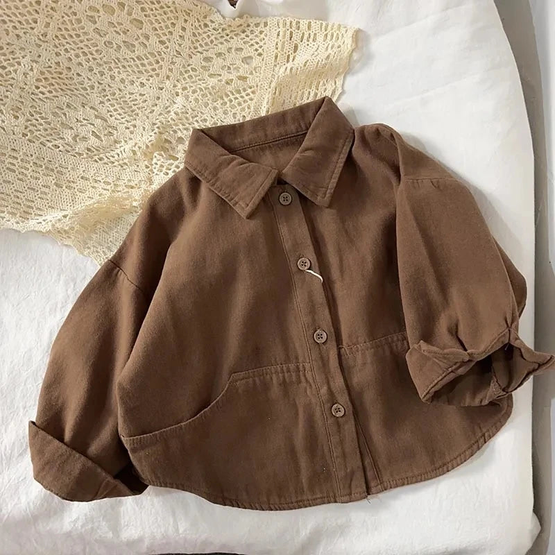 Boys' Shirt Spring and Autumn New Girls' Cotton Long sleeved Shirt Baby Solid Color Top Children's Cardigan