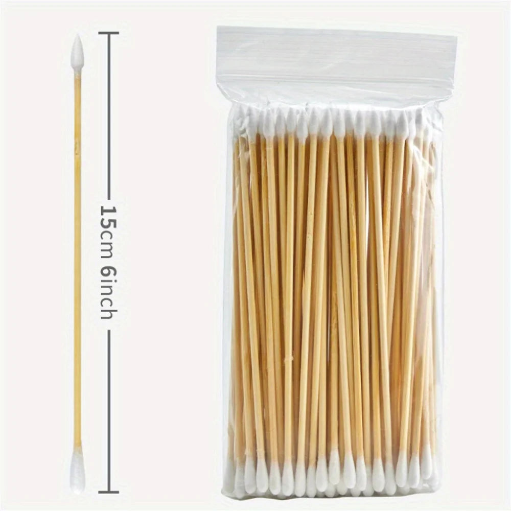 100/300PCS 6 Inch Precision Tips Cotton Swabs - Long Wooden Stick Cotton Buds Pointed Cotton Swabs With Case - Cotton