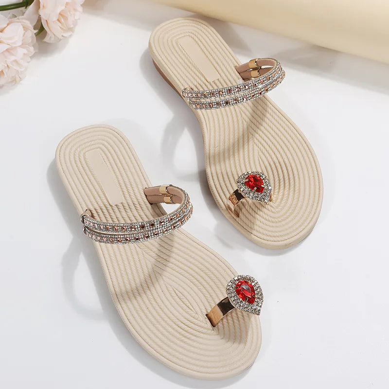 Flip-flops women 2024 summer new two-wear beach sandals European and American rhinestones soft soles flat slippers
