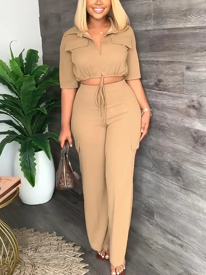 Elegant Office Women Two Piece Sets Autumn V Turn-down Neck Half Sleeve Drawstring Lace Up Short Shirt + Wide Leg Trousers Set