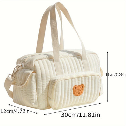 Mom'S Portable Diaper Bag with Bear Patch Durable Polyester Hand Washable Ideal for Travel and Daily Use Travel Diaper Bag