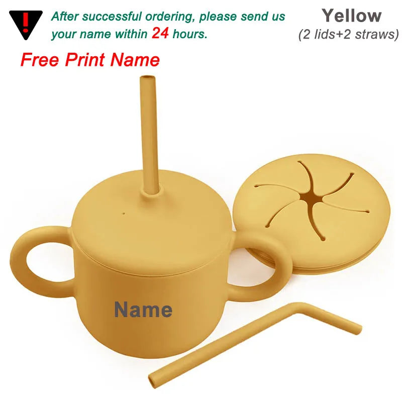 Food Grade Silicone Baby Feeding Cups Personalized Name Children Learn Drinking Cups Sippy Cups Kids Toddlers Straw Water Bottle