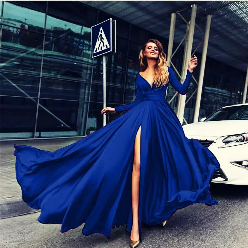 European American Wedding Dresses Wheat Dress Sexy Deep V Long Sleeved Sequined Dress Woman Party Solid Dress Maxi Floor Gowns
