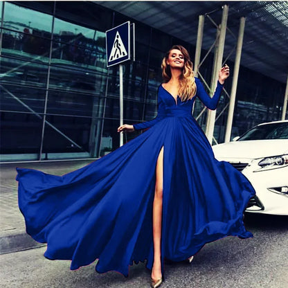 European American Wedding Dresses Wheat Dress Sexy Deep V Long Sleeved Sequined Dress Woman Party Solid Dress Maxi Floor Gowns