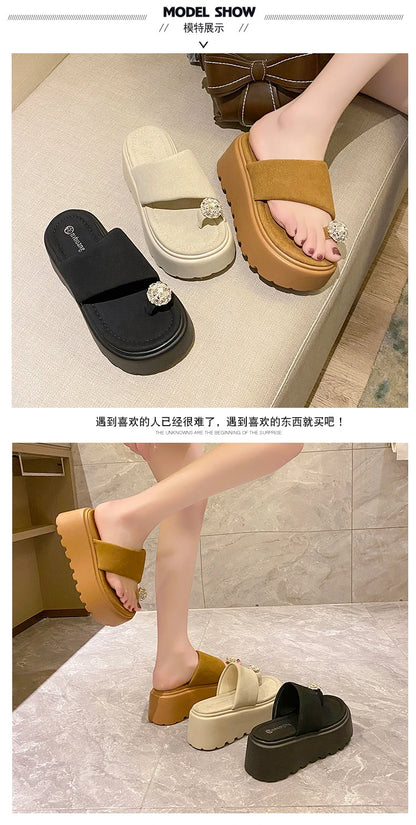 7cm Shiny Rhinestone High Platform Slippers Women Butterfiy-Knot Heels Chunky Sandals Woman Summer Thick Bottom Wedges Slides