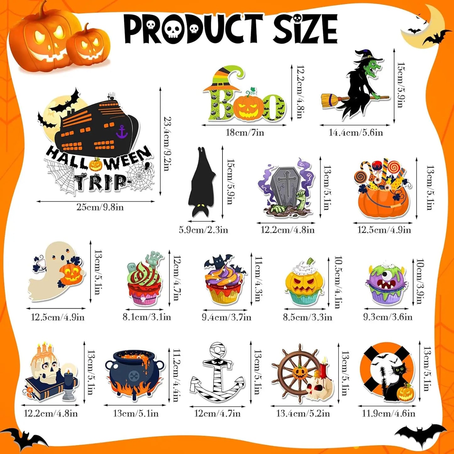 16 Pcs Halloween Cruise Door Decorations Magnetic Halloween Car Magnets Anchor Life Preserver Pumpkin Bats Skeleton Magnets for
