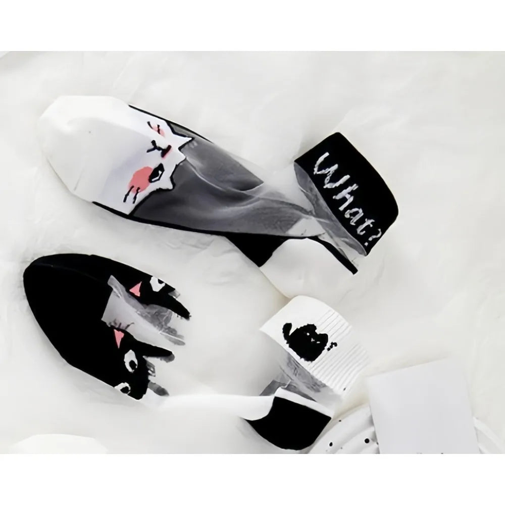 5Pairs Black and white cat women's socks, glass fiber breathable sweat absorbing , wear-resistant and odor proof summer socks
