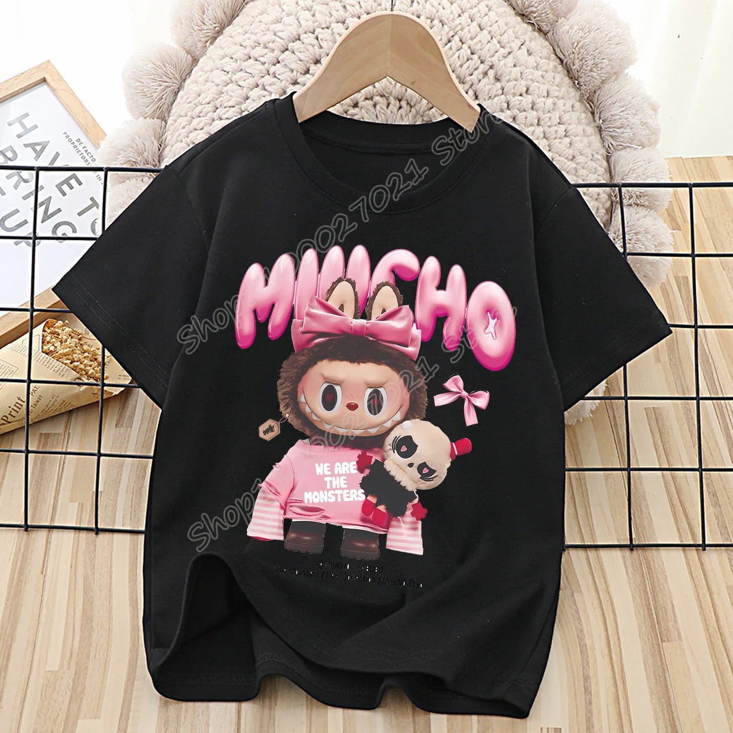 Labubu T-shirt for Children Cute Cartoon Anime Tee Top Black Short Sleeve Round Collar Clothes Fashion Kids Summer Clothing Gift