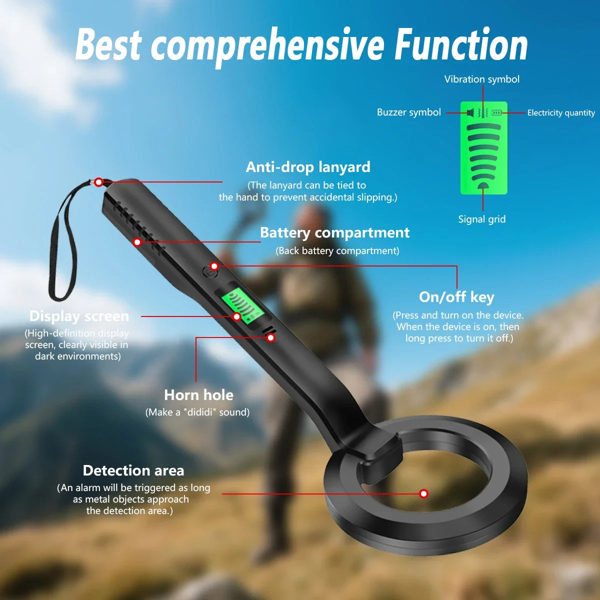 High Sensitivity Handheld Metal Detector with Alarm & Pinpoint Coil for Security/Industrial/Treasure Hunting