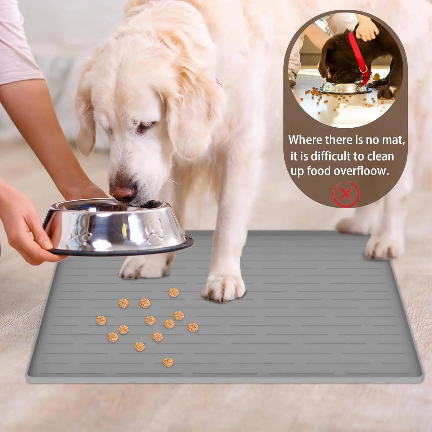 1 pcs Silicone Dog Feeding Mat with Raised Edges, Non-Slip Waterproof Pet Food Mat for Small & Medium Dogs and cats (Light Gray)