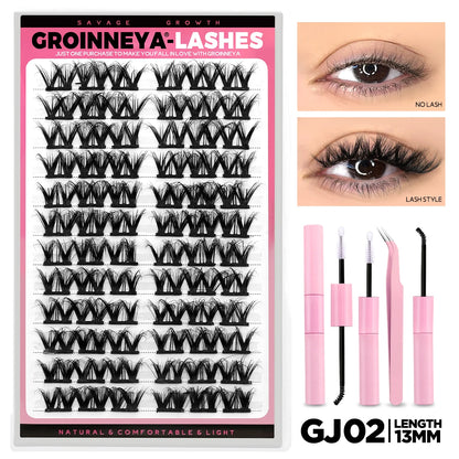 GROINNEYA Lash Clusters Kit DIY Lash Extension Volume Waterproof Individual Lashes Clusters Kit Lash Bond & Seal & Lash Tweezers
