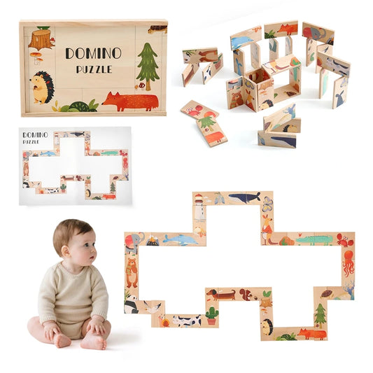 The Baby Montessori Domino Puzzle Toy Features Cartoon Patterned Dominoes With Smooth Edges That Are Super Fun For Babies