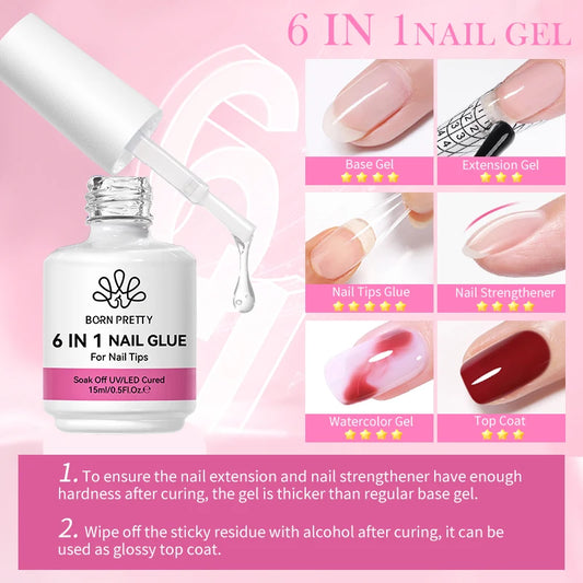 BORN PRETTY 6 IN 1 Nail Glue Gel 15ML for Acrylic Nails Soak off Base Gel Top Coat UV Extension Nail Gel False Nail Tips Gel