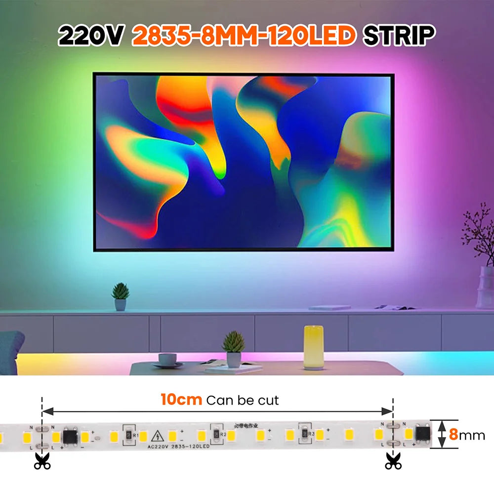 5m 10m 20m 50m LED Strip Light AC 220V 230V 240V IP55 2835 120 LEDs Flexible Ribbon Rope Lights Tape 9 Colors Home Decoration